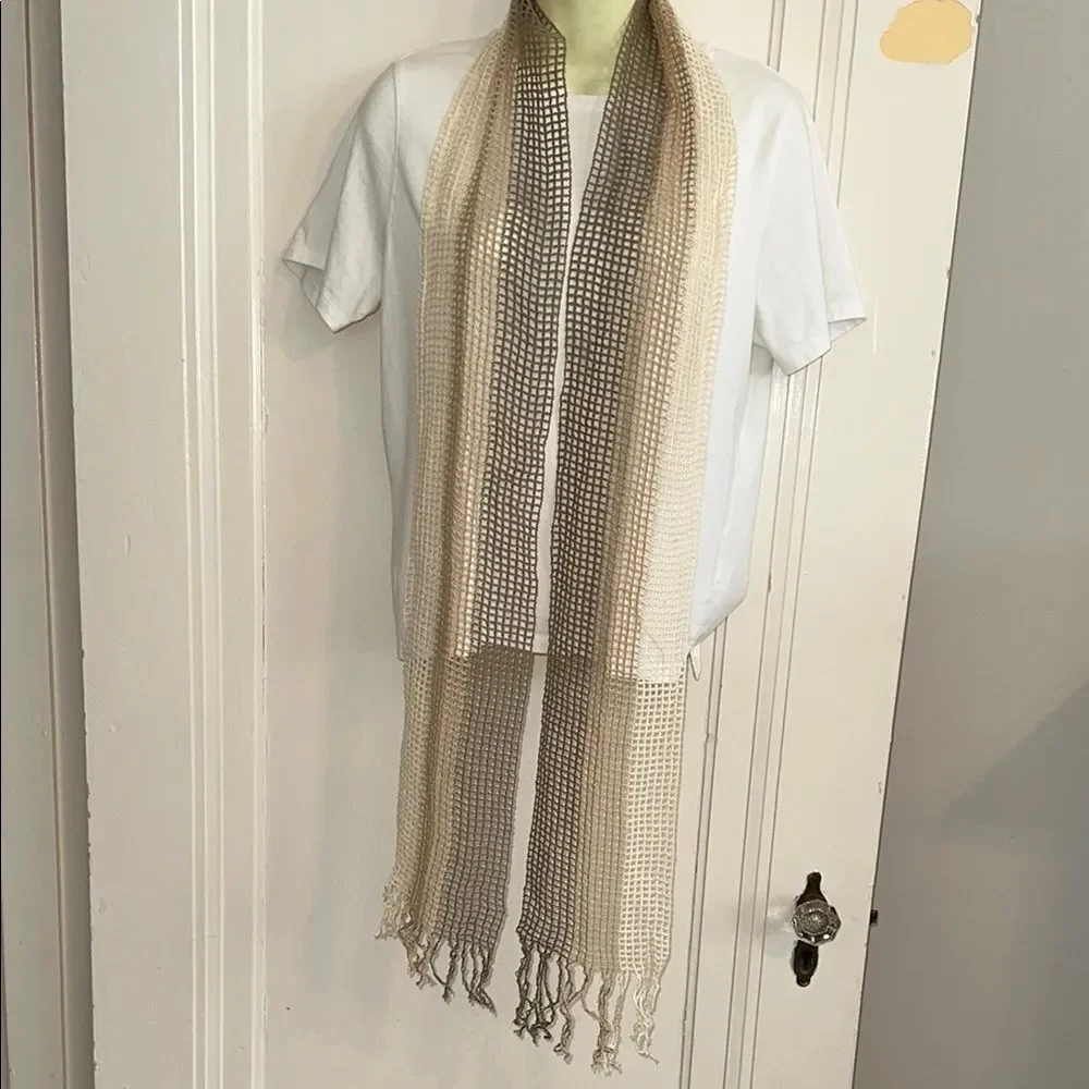 Vintage 70s/80s Open Crochet Weave Brown, Tan & Cream‎ Scarf with Fringe Hem